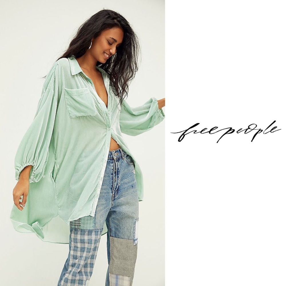 FREE PEOPLE Seafoam Blue Luxe Velvet Shirt Dress